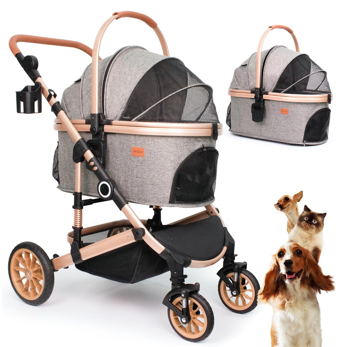 Dog Stroller with Detachable Carrier, Rubber Wheels, 50 Lbs, Grey