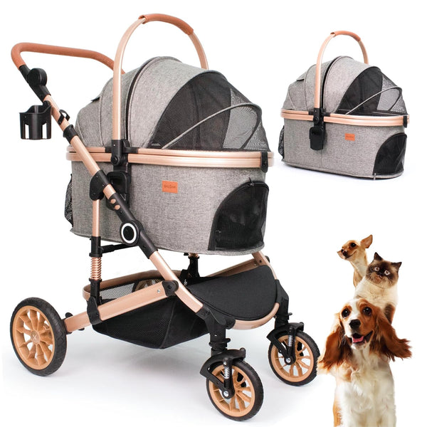 Dog Stroller with Detachable Carrier, Rubber Wheels, 50 Lbs, Grey