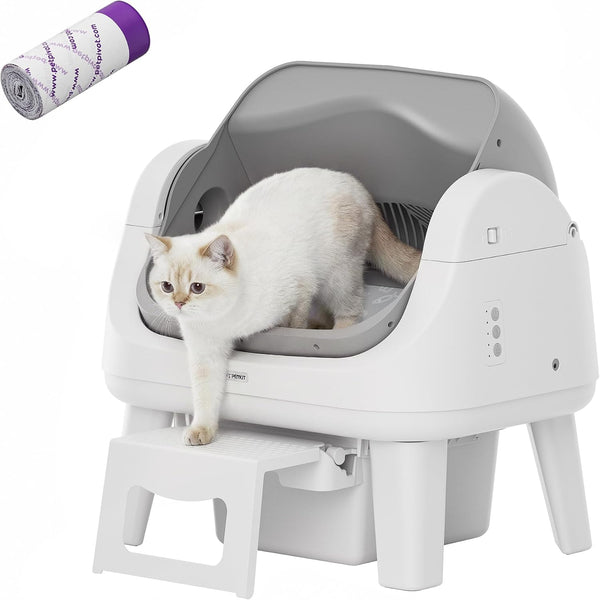 Open Top Self Cleaning Cat Litter Box, Automatic Litter Box with 7 Pairs of Safety Sensors, Anti-Pinch Protection and Easy Access Step for Senior Cats, White Grey