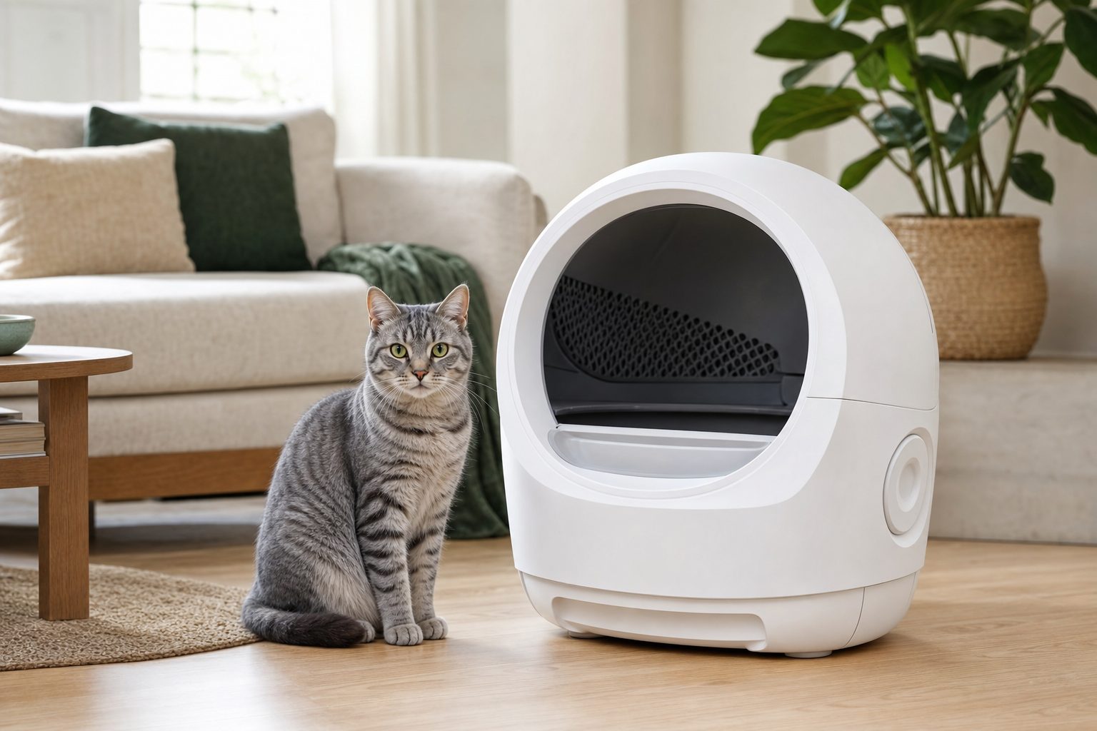 A grey tabby cat beside a modern automatic litter box in a bright living room