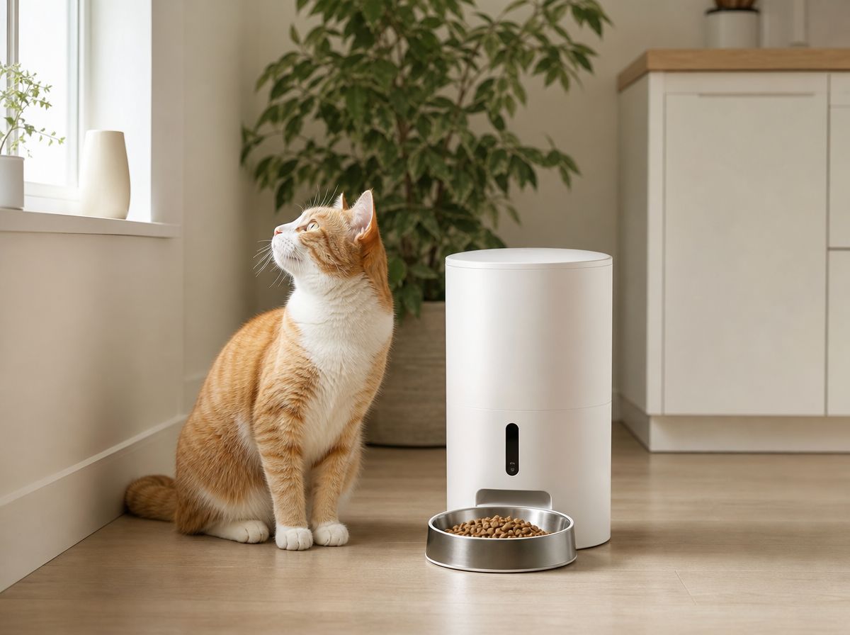 A ginger cat eating from a white automatic feeder in a bright kitchen