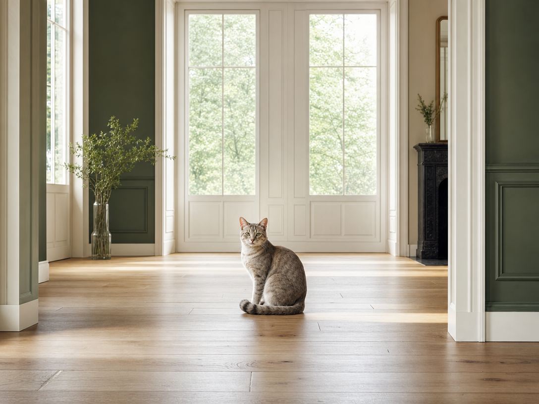 A cat sitting calmly in the middle of a bright airy room with clear sightlines