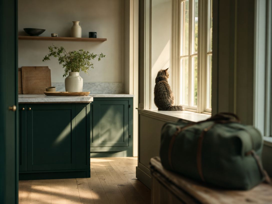 An empty sunlit kitchen with a cat sitting on the windowsill, nobody home