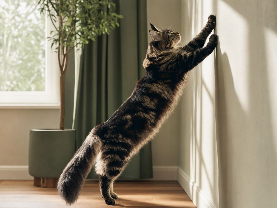 A large Maine Coon cat mid-stretch reaching high against a sunlit wall