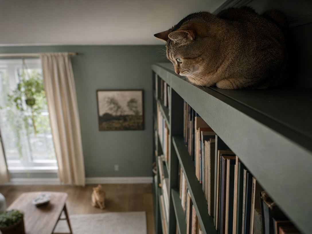 A cat perched high on a bookshelf looking down over the room below