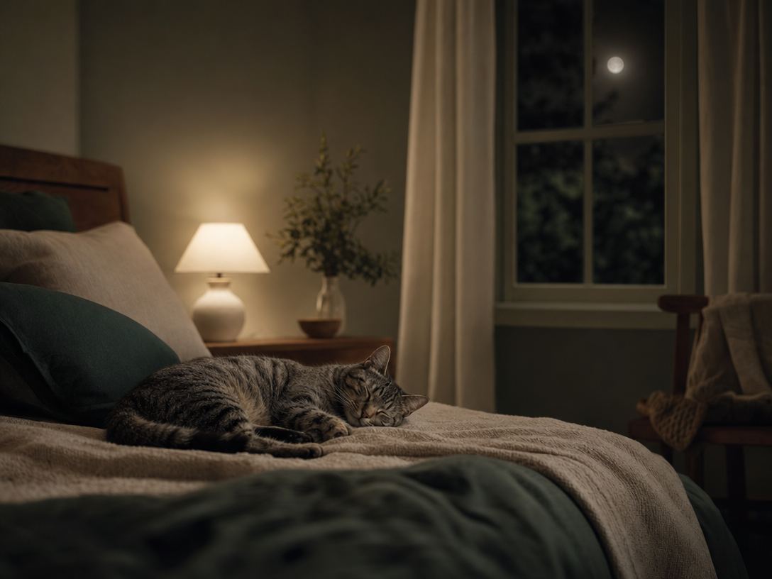 A tabby cat asleep on a bed in a dark, calm bedroom lit only by a bedside lamp