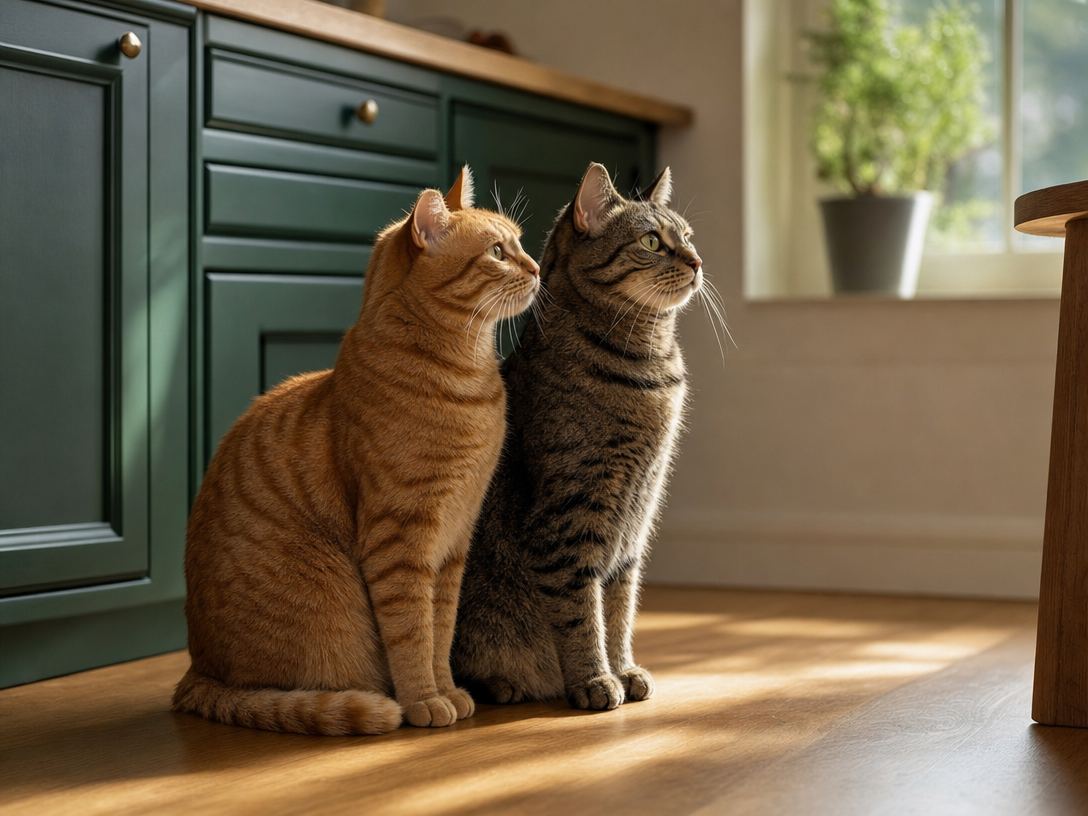 A ginger cat and a grey tabby sitting side by side on a kitchen floor in morning light